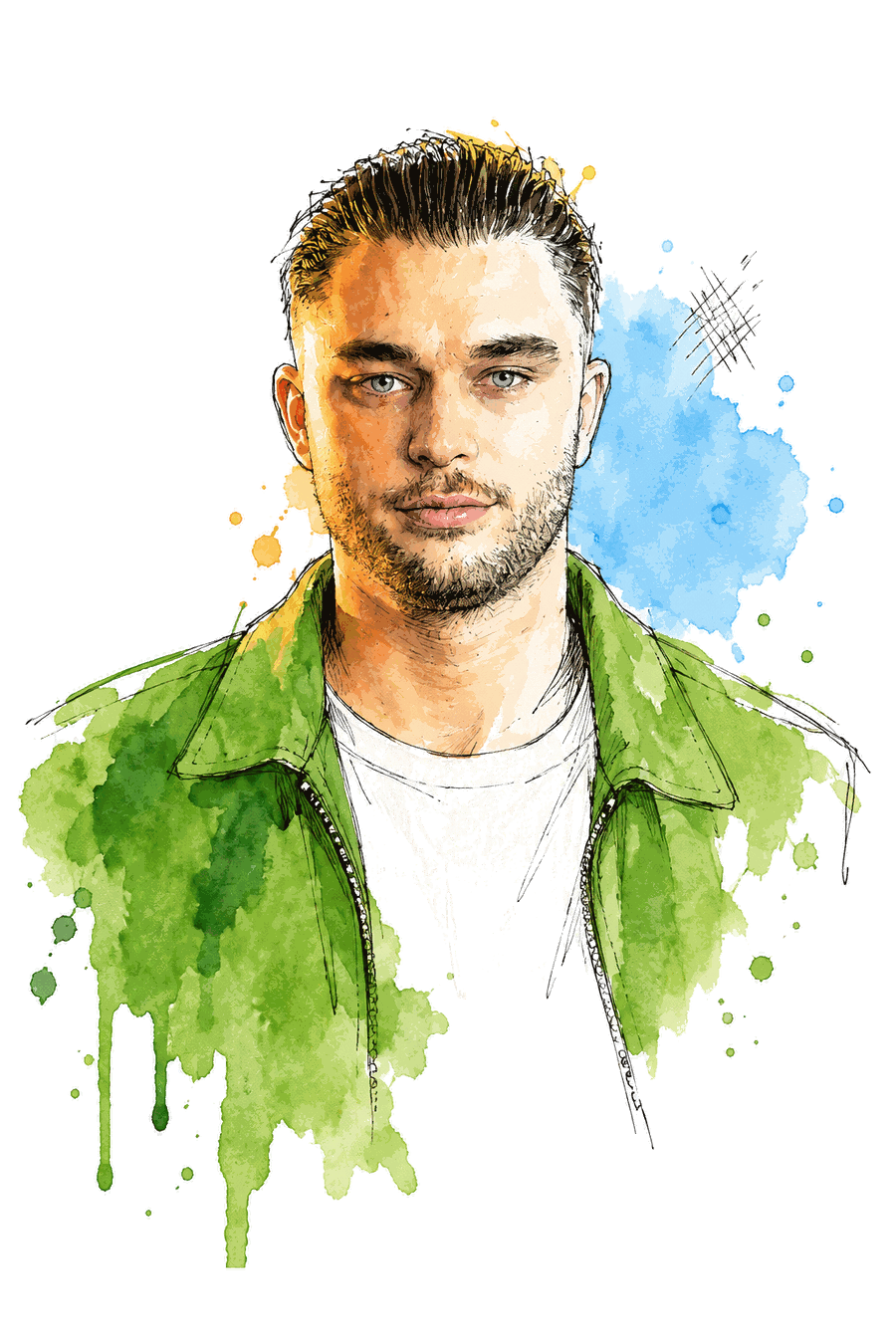 Gezeichnetes Porträt von Jonas Logisch: Fineliner und Aquarell, grüne Jacke