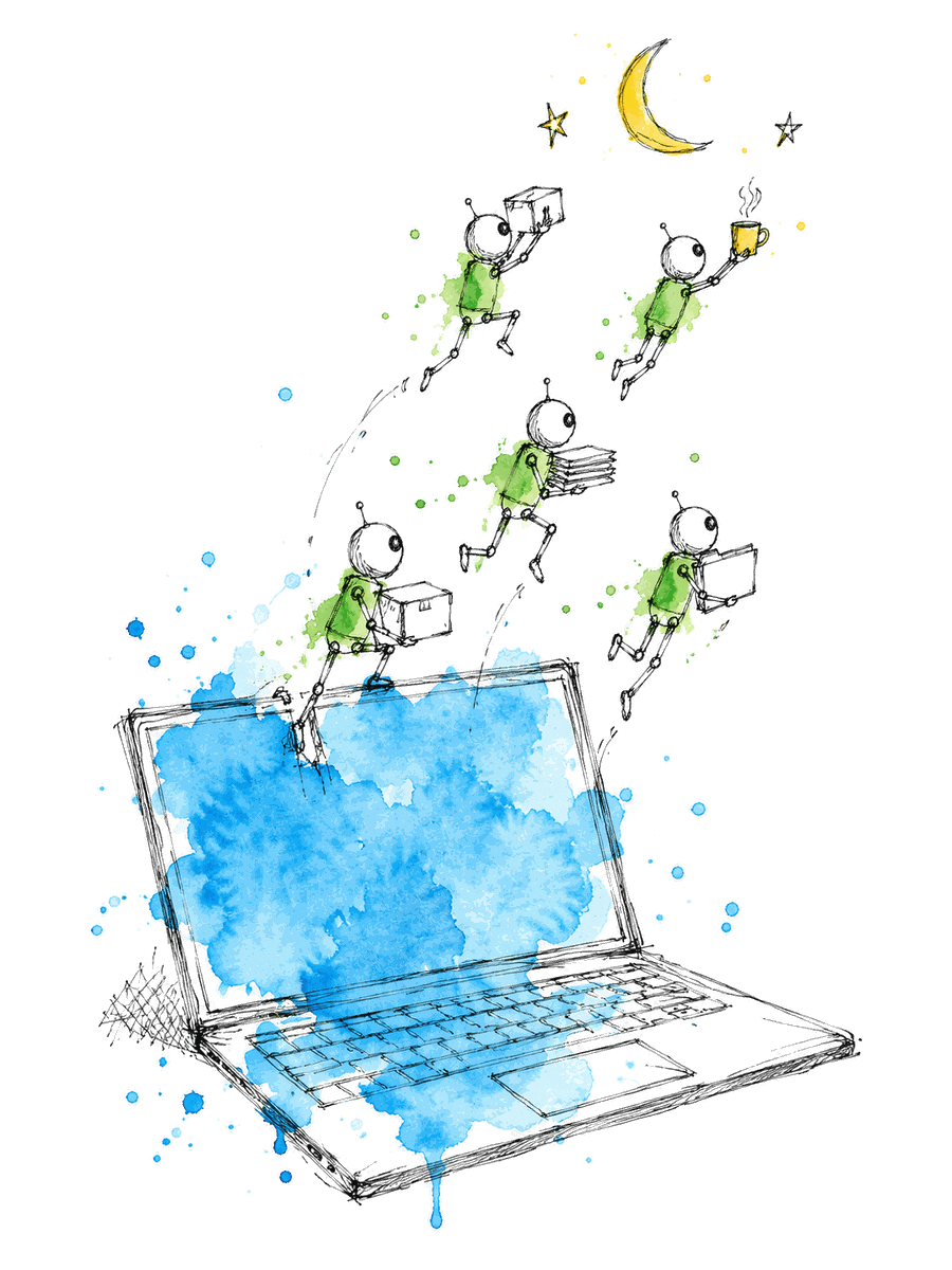 Zeichnung: aus einem Laptop mit blauem Bildschirm klettern kleine Helfer-Figuren, darüber ein gelber Mond